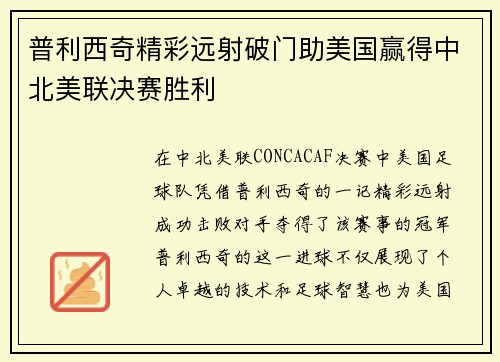 普利西奇精彩远射破门助美国赢得中北美联决赛胜利
